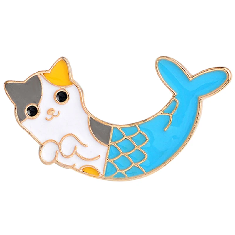 Брошь в виде рыбьего хвоста синего кота животного счастливый значок русалки