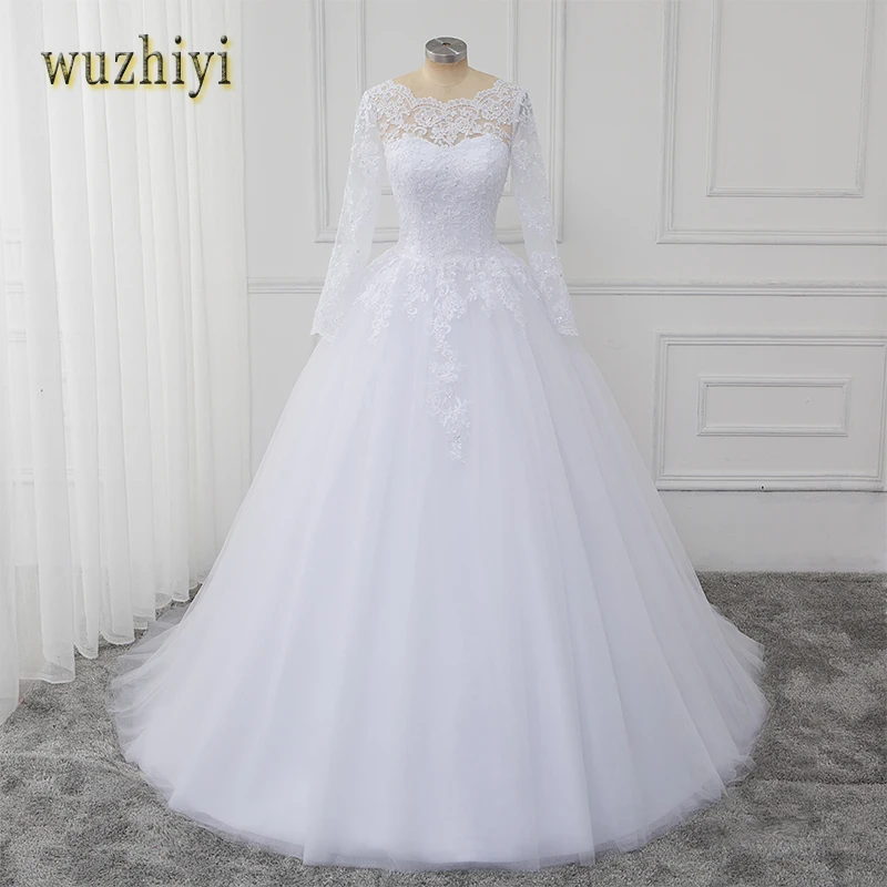 

2019 A line wedding dress long sleeves marriage dress o-neck vestido de noiva lace-up hole back sashes robe de soiree