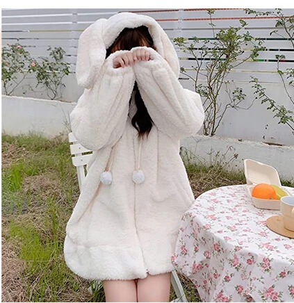 

Abrigo clido de lana de cordero para mujer de primavera y otoo con gorro de oreja de conejo, M / L / XL / 2XL / 3XL