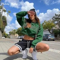 cotton letter pattern sportswear loose short cropped sweatshirts for girls green o neck long sleeve top 2021 autumn vamos todos