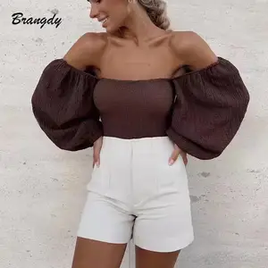 Women Top Brown Blouse Off Shoulder Puff Sleeve Bodysuit Club Party Shirt Ruffle Tunic Crop Top Summer Tube Top Sexy Party Tops