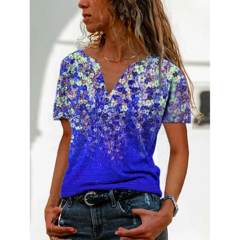 

Women's Fashion Loose Casual Floral print short sleeves V neck Bohemia Buttons summer tshirt tops blouses Plus Size