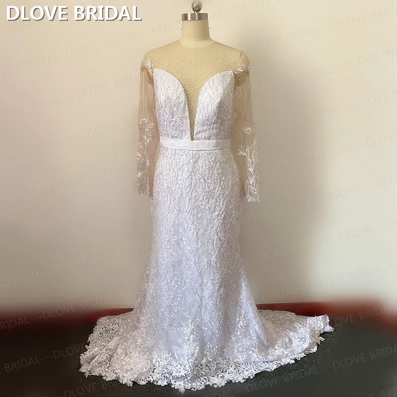 

Stunning Silver Beaded Mermaid Wedding Dress Deep V Neck Sparkling Bridal Gown Plus Size Leaf Lace Vestido De Noiva Real Photos