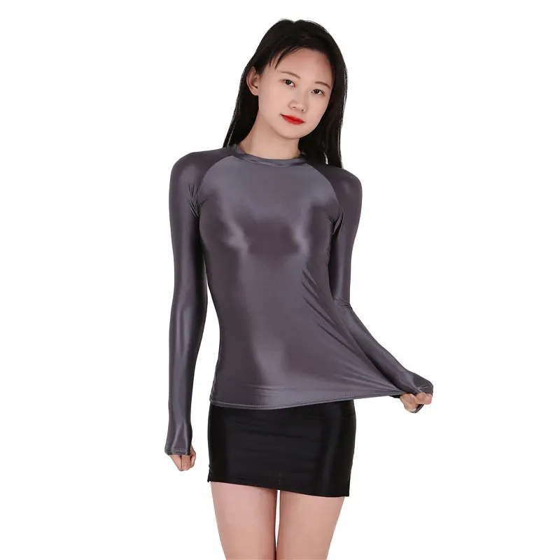 

Sexy Women Shiny Long Sleeves T-Shirt Glossy Suit Sexy Casual Leotards Compression Garmen Fashion Shirt Sexy Tight Candy Color F