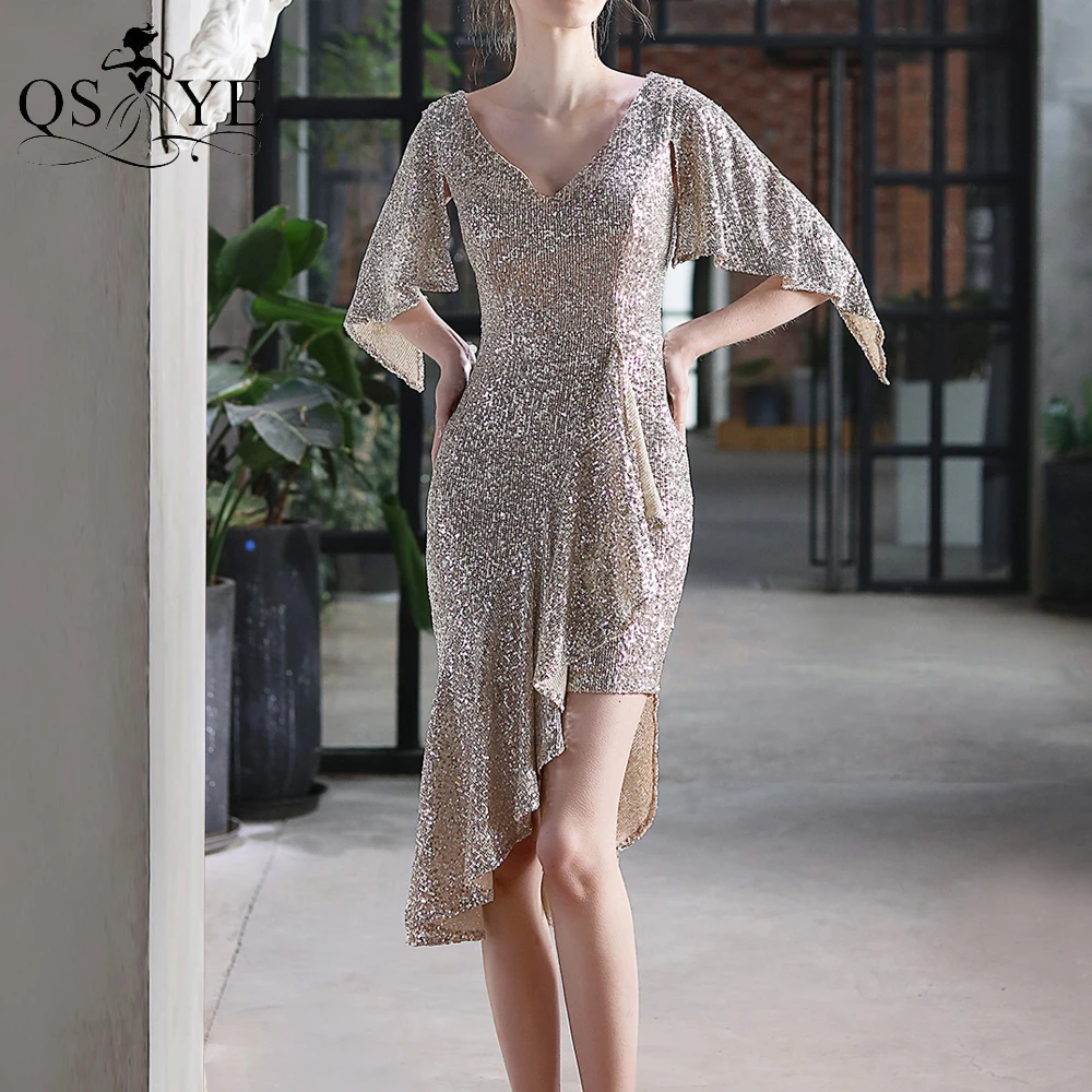 

Batted Sleeves Silver Prom Dress Sequin Short Evening Gown Ruffles V Neck Party Formal Gown Fit Sheath Women Short Dress Vestido