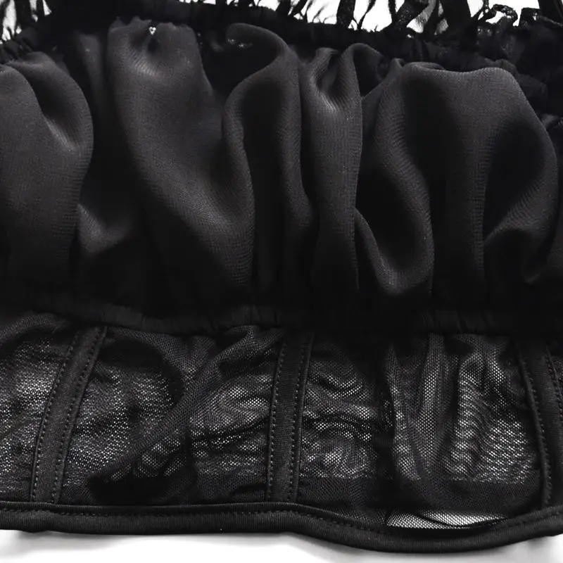 

Womens Summer Sexy Sheer Mesh Patchwok Crop Ruffles Pleated Camisole Vest