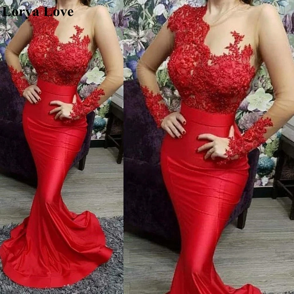 

Red Mermaid Evening Dresses 2020 Women Appliqus Lace Formal Party Robe De Soiree Long Sleeves Satin Vestidos Long Prom Dress