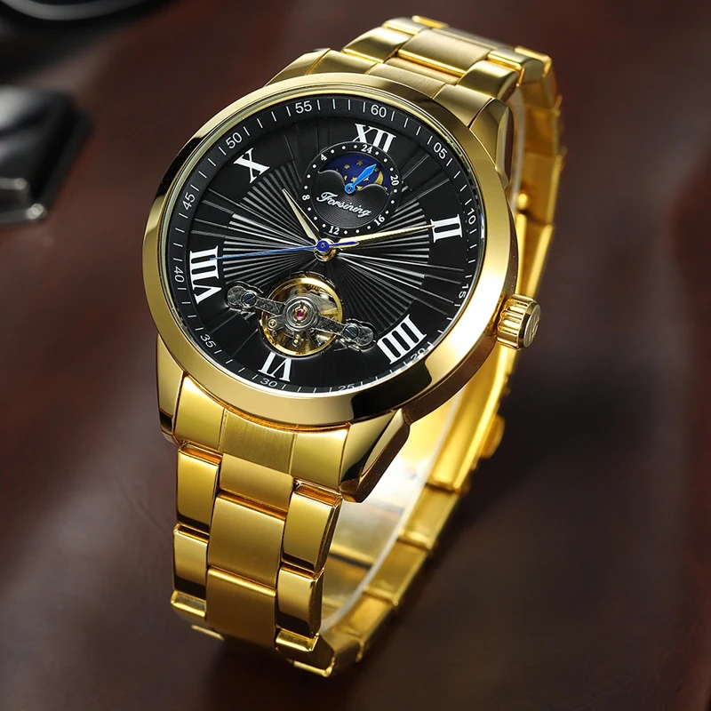 Royal Golden FORAINING Mens Automatic Wrist Watch Skeleton Stainless Steel Band Mechanical Moon Phase Waterproof ClockRelogio | Наручные