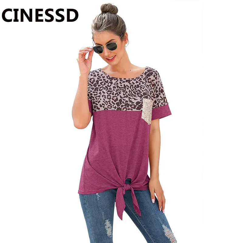 

CINESSD Women Short Sleeves Tee Shirts Round Neck Leopard Patchwork Pocket Sequin Tops 2020 Knotted Spring Summer Loose Tshirt