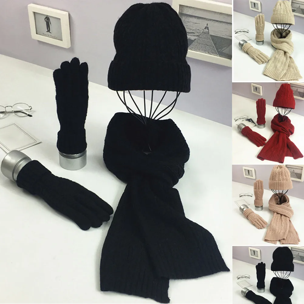 

Newest Winter Women Wooly Thick Knit Hat Scarf Gloves Set Warm Soft knitted Woollen Set