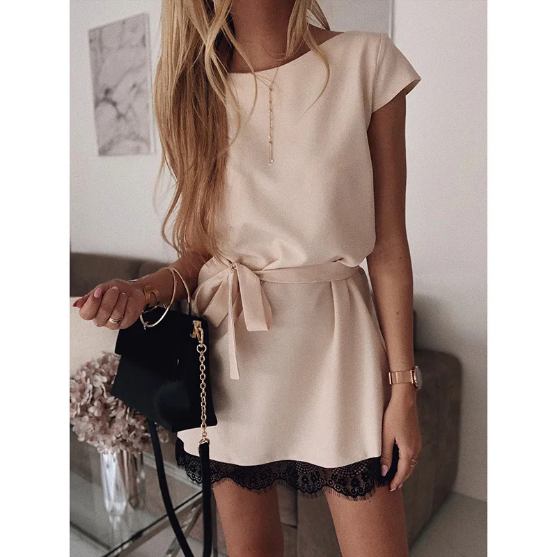 

Women Dress Short Sleeve Straight Lace Mini Party Dresses Summer Elegant Robe Femme Womens Clothing 2020