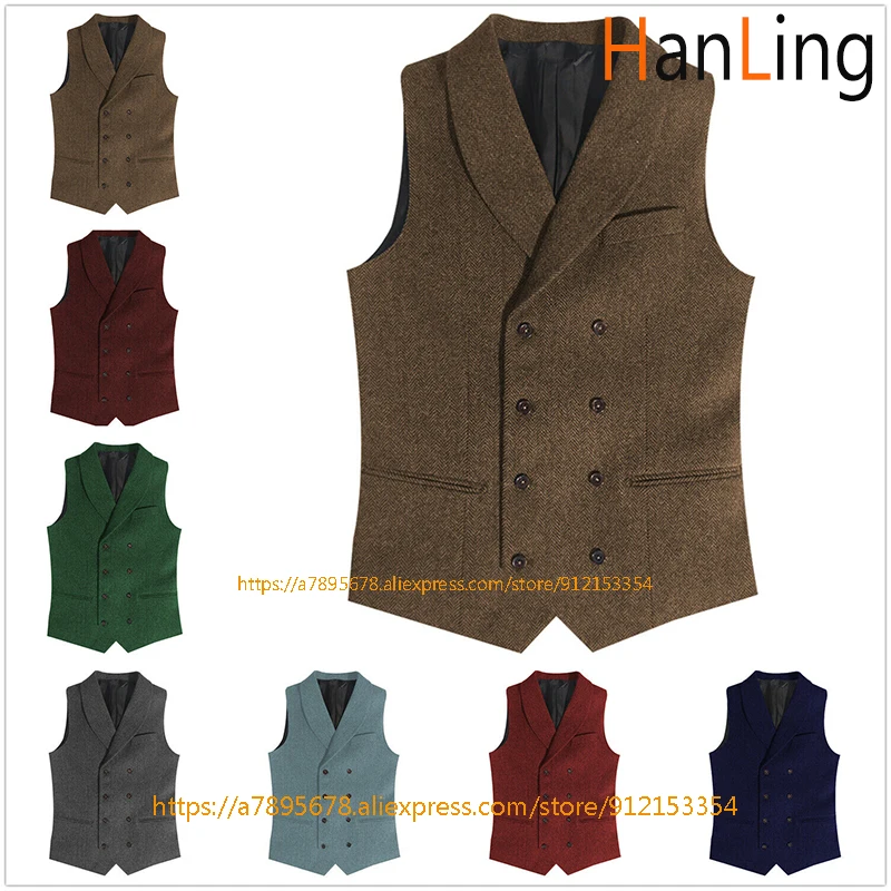 

Men's Suit Vest Double-Breasted Steampunk Tweed Waistcoat Retro Herringbone Wool Jacket chalecos para hombre