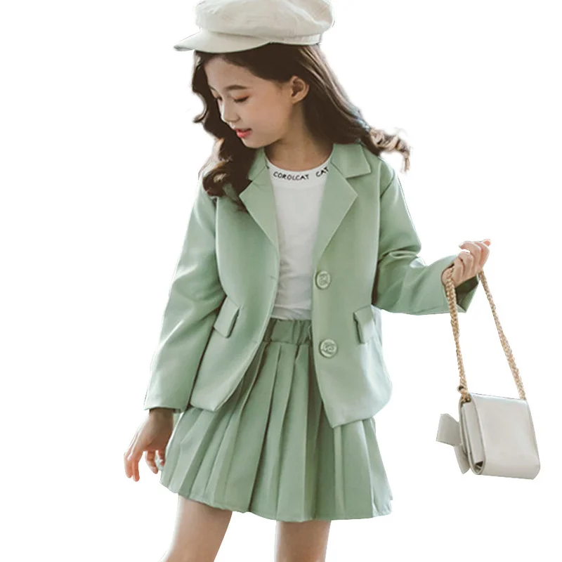 

New Girls Clothes Pleated Skirt & Jacket Girls Clothing Solid Outerwear Suit For Girls School Uniform Fashion Kid Winter Clothes