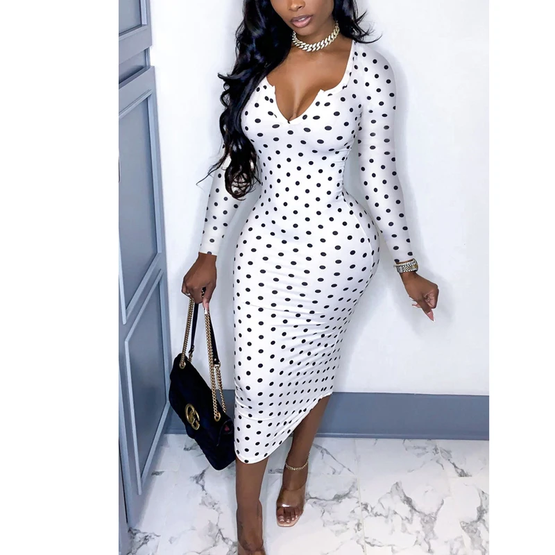 

Женское платье с глубоким V-образным вырезом, облегающее винтажное офисное платье-футляр средней длины в горошек с длинным рукавом, осень 2021