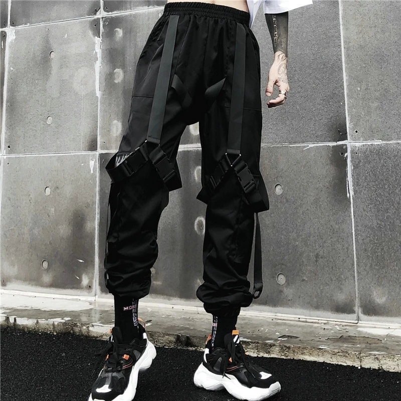 

Pockets 2021 Hip Hop Cargo Pants Men Streetwear Fashion Harem Pants Harajuku Pants Joggers Ribbon Black Trousers Sweatpants