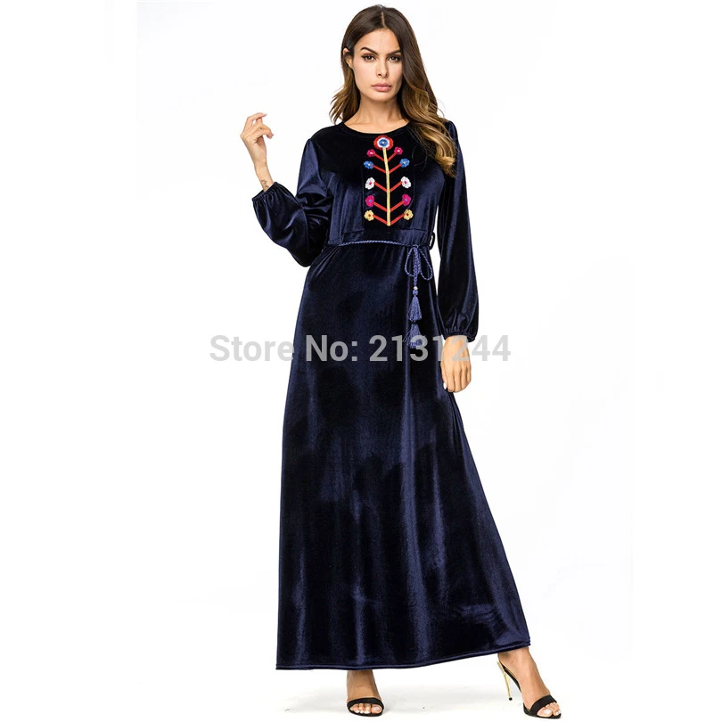 Элегантное макси платье Абая бархат вышивка цветок зима мусульманский длинный