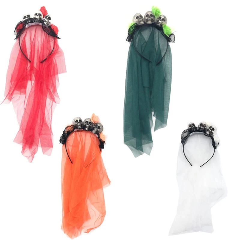 

Halloween Artificial Rose Flower Skull Face Headband Lace Veil Cosplay Hair Hoop Funny Role Playing Party Decor