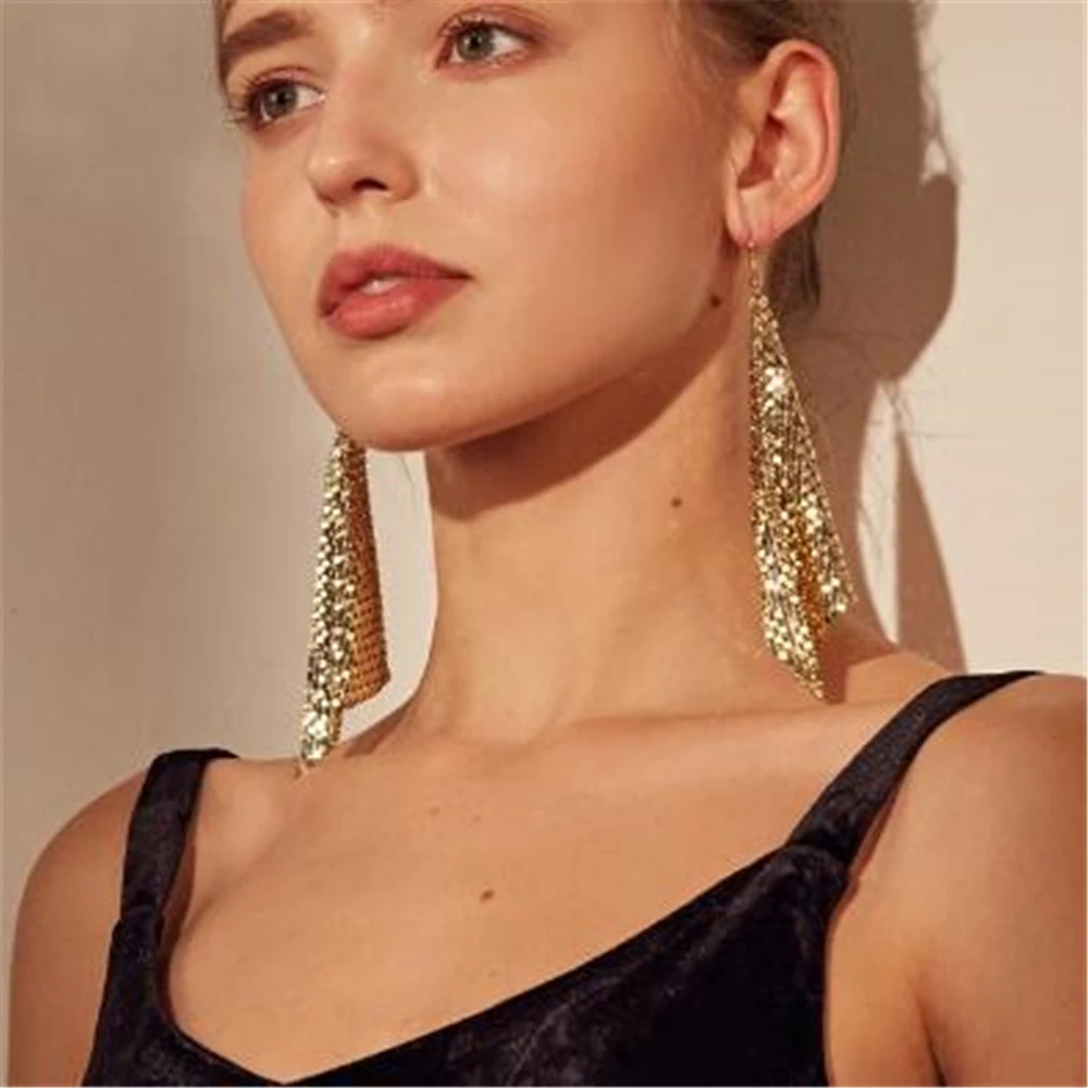 

Statement Trendy Metal Colorful Sequined Long Tassel Drop Earrings Creative Square Geometry Earrings Gold Black Red