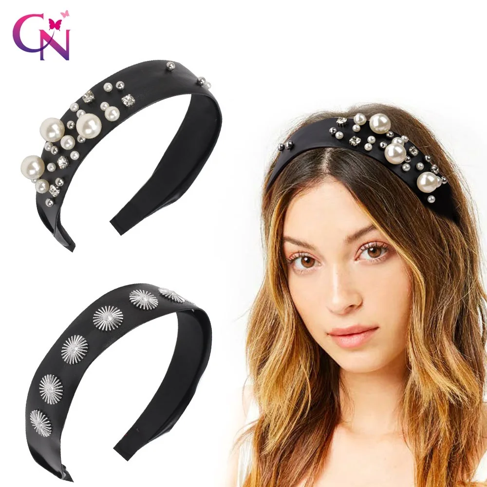 

CN New Fashion PU Hairband For Women Wide Side Mixing Pearls Headband Artificial Leather Head Band Headwear Hair Accessories