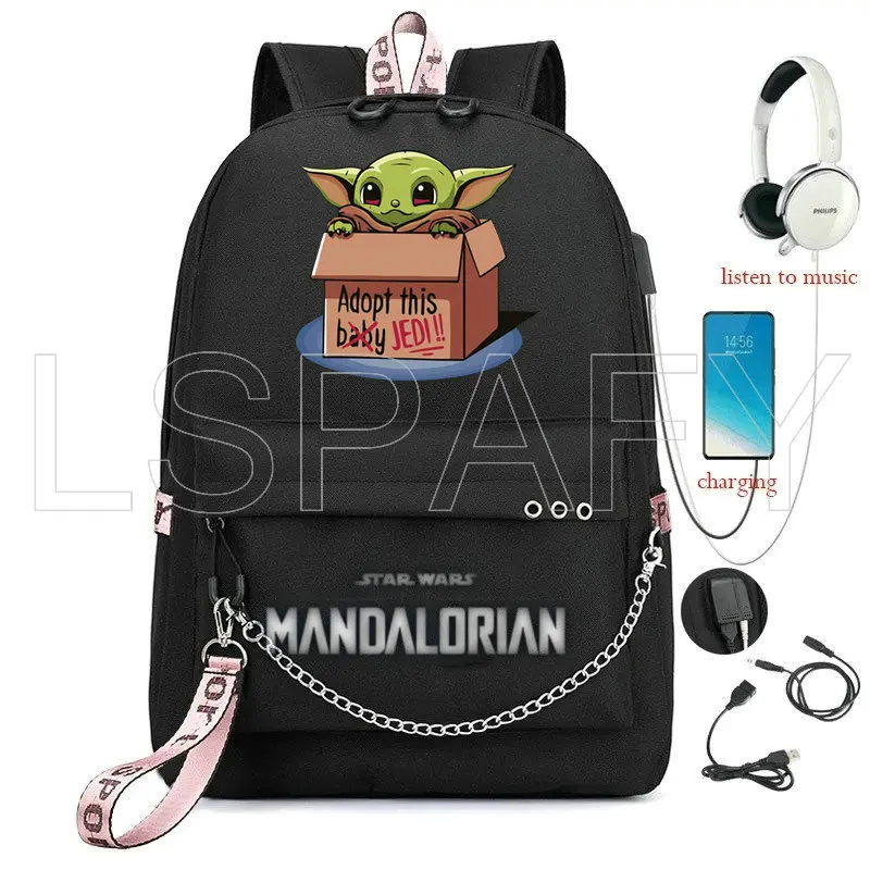 Фото Детский рюкзак Babyyoda с USB-зарядкой, школьные ранцы в стиле мандалор, Звездные войны, повседневные дорожные сумки для ноутбука №4
