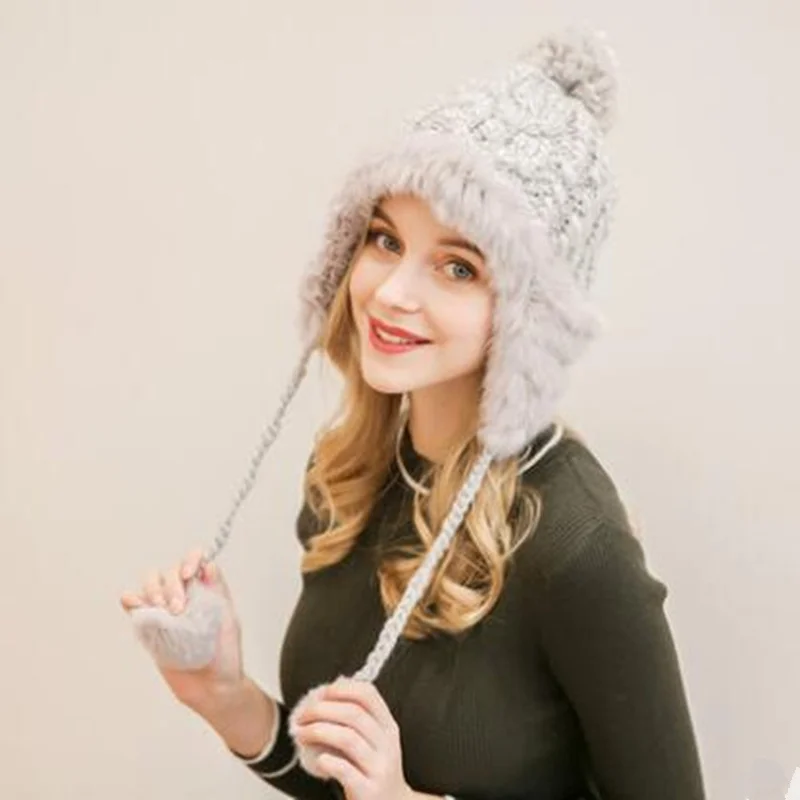 Зимняя шерстяная вязаная женская шапка-бомбер с помпоном из кроличьего меха |