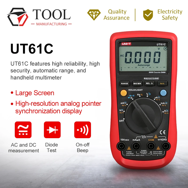 UNI T UT61C Современный цифровой мультиметр AC/DC напряжение тока Авто/ручной дальномер