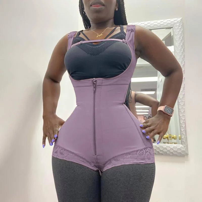 Women Double Compression Belly Zipper Butt Lifter Body Shaper Garment Adjustable Straps Short Waist Trainer