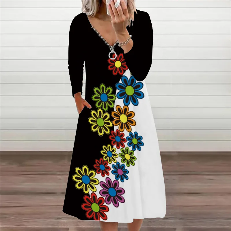 

3D Floral Pockets A-Line Dresses For Women 2021 Autumn Women's Sexy V-Neck Zipper Printing Long Sleeve Dress Vestidos De Mujer