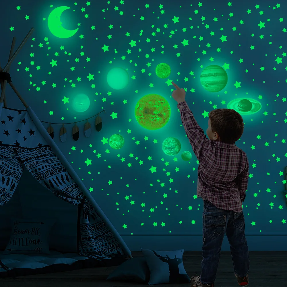 

Vacclo 525pcs Luminous Solar System Nine Planets Glowing Stickers Baby Kids Room Decoration Household Fluorescent Mural Decals