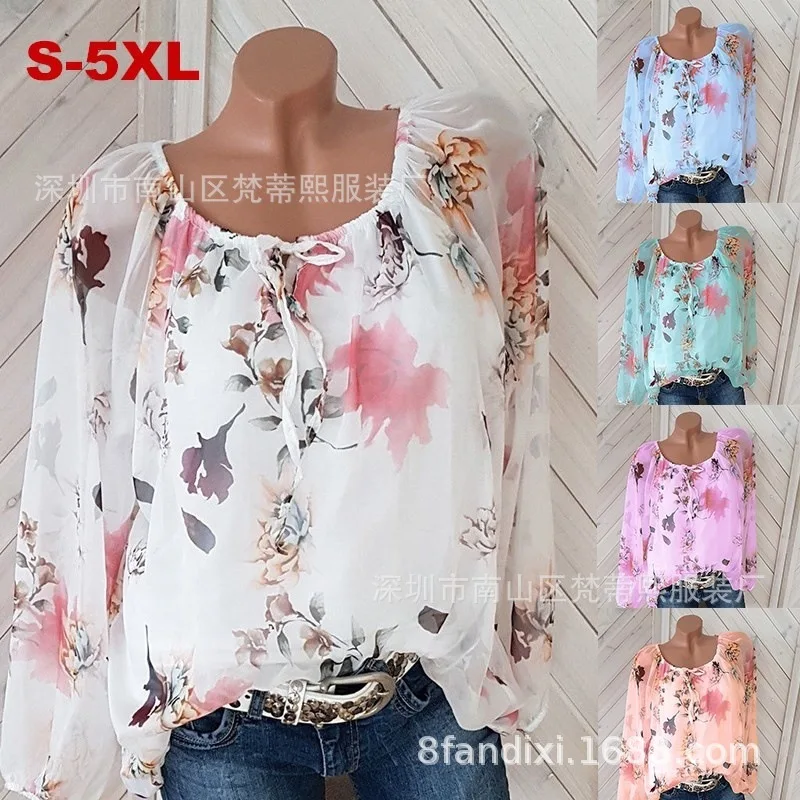 Женская новая блузка большого размера Свободная рубашка с воротником и принтом