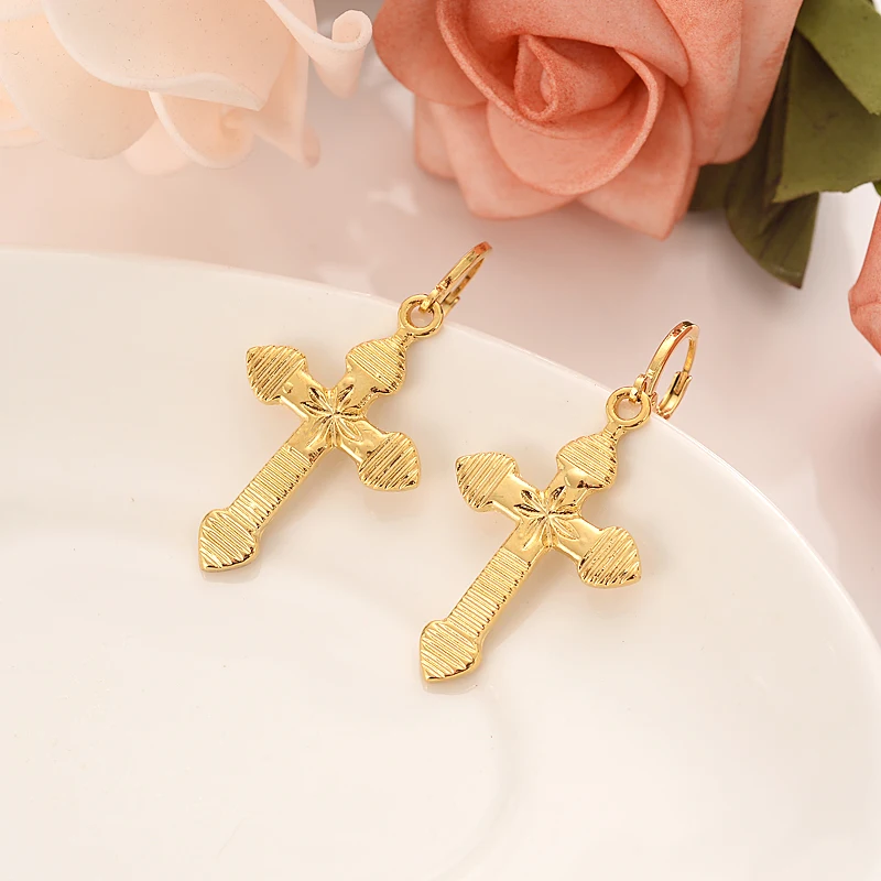

Gold plated Cross pendant drop Earring Necklace Jewelry Set for women girls Wholesale wedding bridal gifts Dropshipping