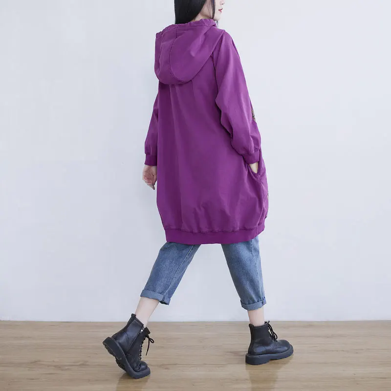

Long Cotton Hoodies Dress Women 2021 Spring Autumn Print Loose Hoodys Washed Vintage Pockets Oversized Hooded Pullover Outwear