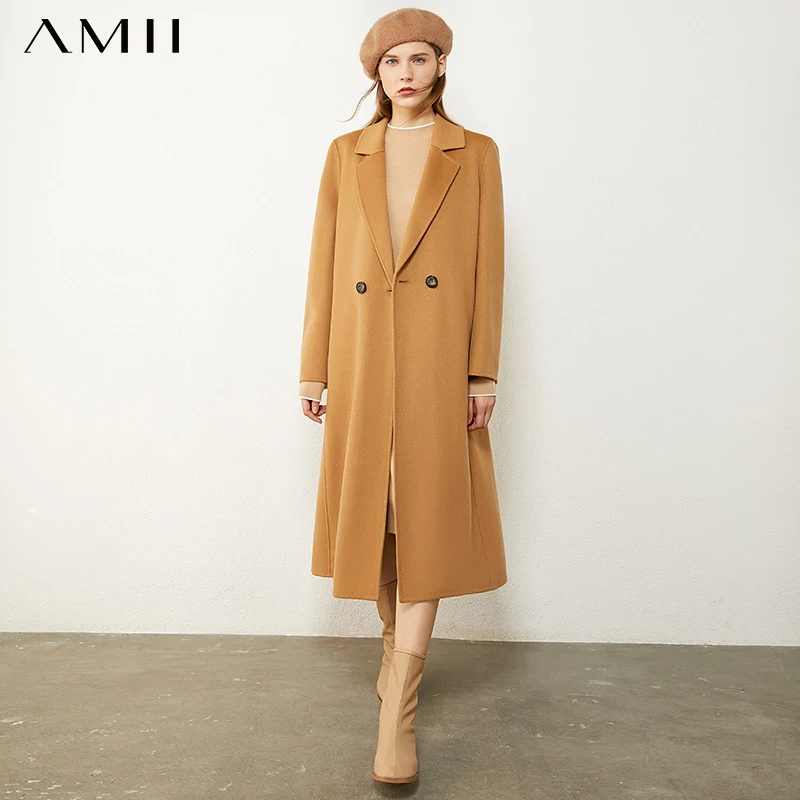 Amii Minimalism Winter Coat For Women 100%woolen Lapel Double-sided wool coat Causal Thick Calf-length Female Jacket 12030256