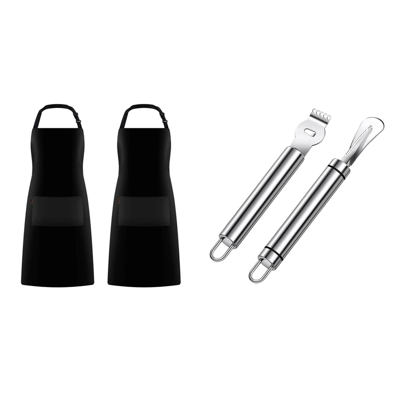 

2-Pack Black Adjustable Bib Apron 2 Pockets & 2 Pcs Orange Citrus Peelers Lemon Grater Zester Slicer Cutter Opener