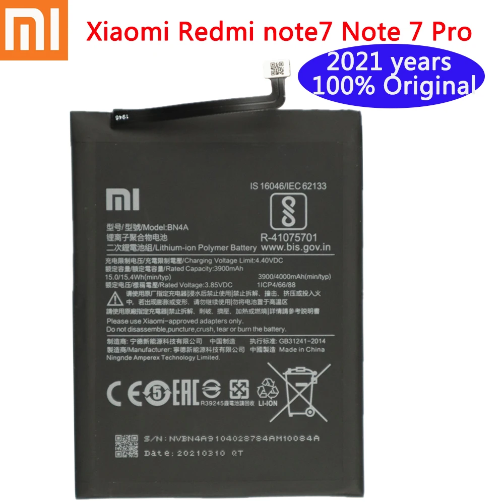 

2021years 100% xiaomi Original Replacement Battery For Xiaomi Redmi Note7 Note 7 Pro M1901F7C BN4A Genuine Phone Battery 4000mAh