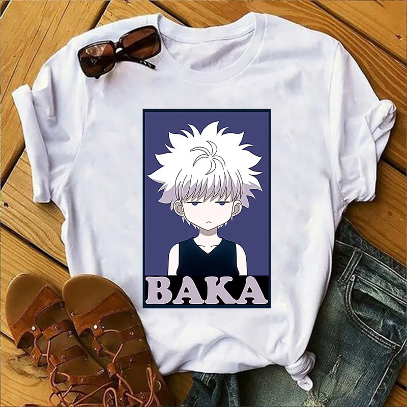 

Fashion Ladies T-shirt Top Japanese Anime Manga Hunter X Hunter Print Round Neck Short Sleeve Slim White T-shirt Customization