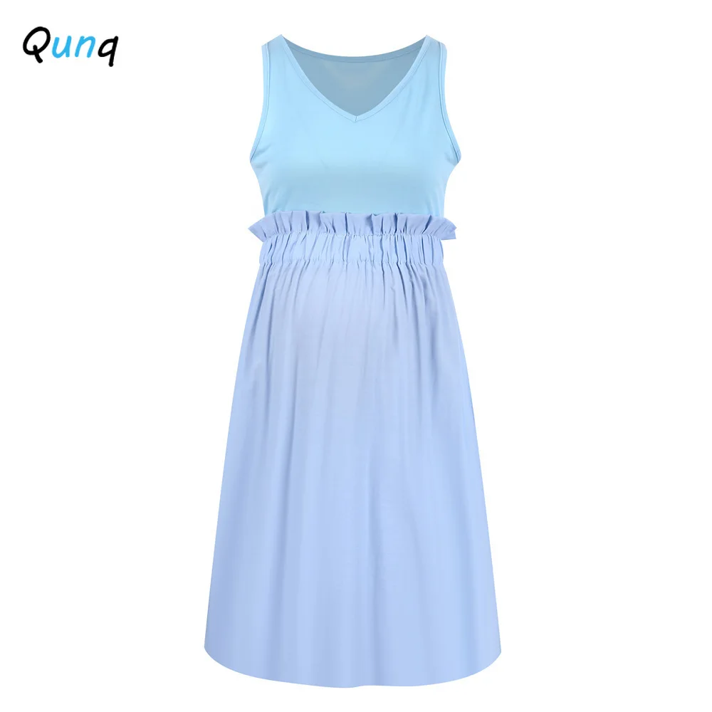 

Qunq Summer Maternity Dress V-neck Sleeveless Blue Color Dresses for Pregnant Woman 2021 New Casual Pregnancy Clothes