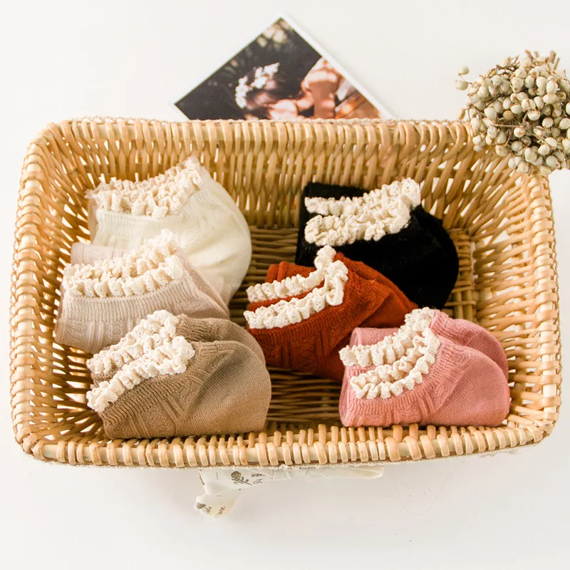 

Trendy Sweet Style Lace Women Soft Cozy Socks Harajuku Ladies Girls Pure Candy Color Cotton Casual Short Ankle Socks Hose