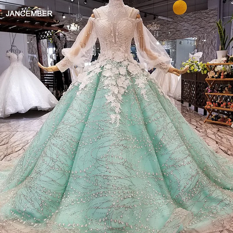 Светящееся платье LS079451 светло зеленого цвета для матерей с длинными рукавами