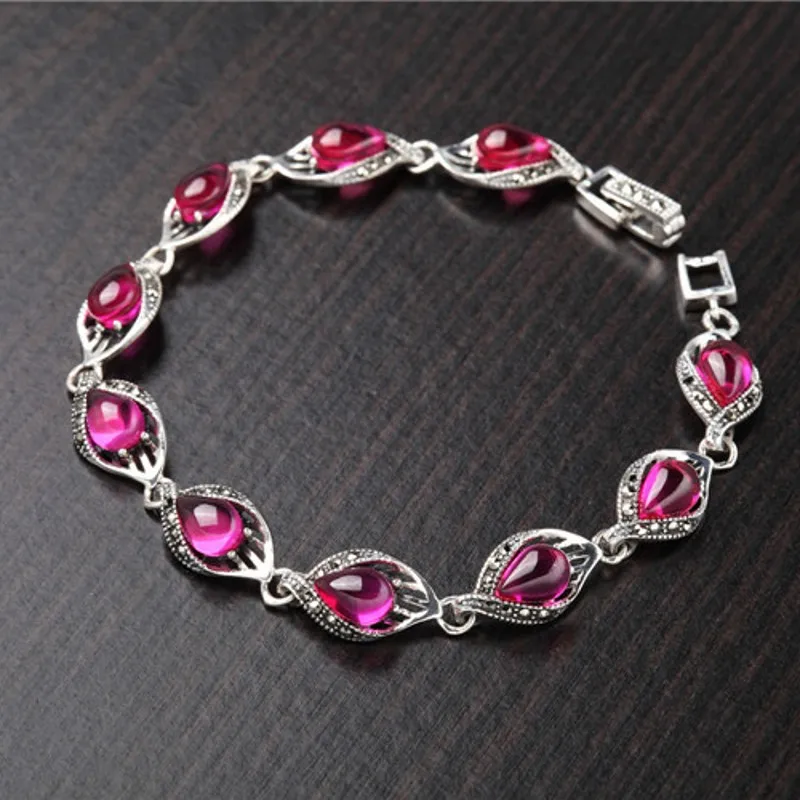 red corundum Новинка, Серебро s925, красный корундовый браслет для женщин, винтажный тайский серебряный синий корунд, гранатовый браслет, женский серебряный браслет - Окраска металла: red corundum