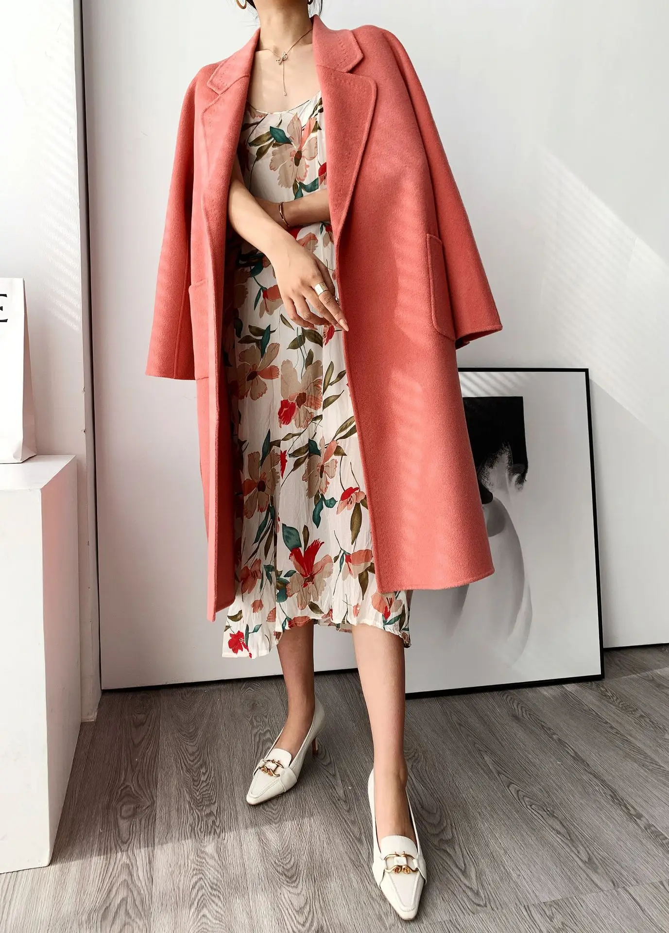 2020 Korean new double-sided woolen coat women's cedar powder solid cashmere | Женская одежда