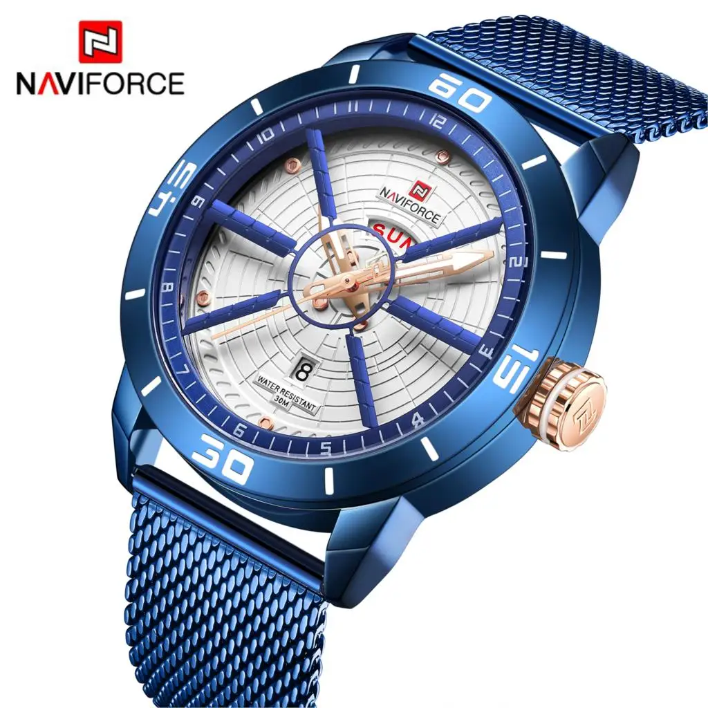 NAVIFORCE модные мужские часы Топ бренд Роскошные Кварцевые повседневные синяя сетка