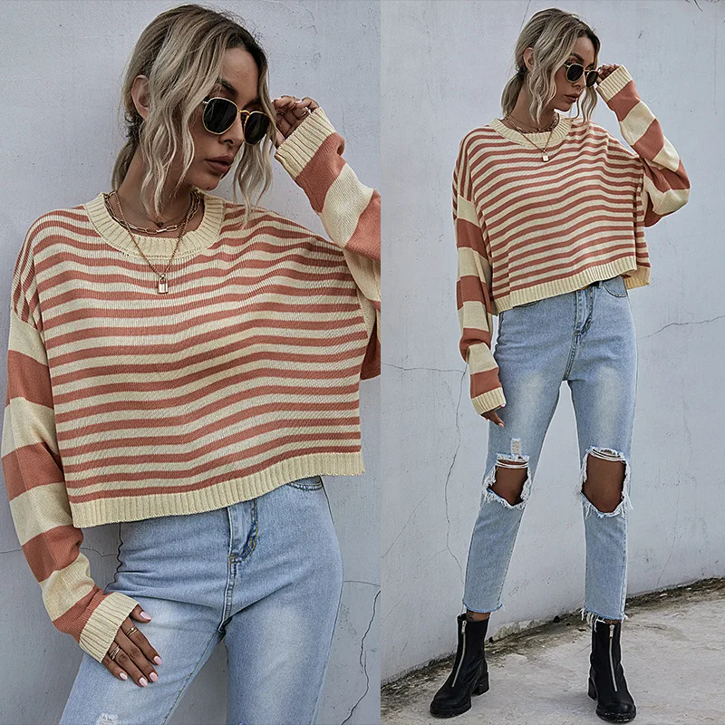 

Autumn Women Pullovers Striped Knitted Loose Sweaters O-Neck Soft Korean Style Tops Causal Winter Sweater