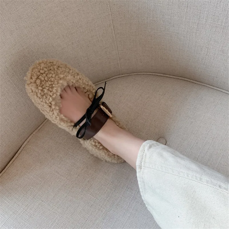 PXELENA/обувь на натуральном меху женские балетки с бантом и пряжкой мех ягненка