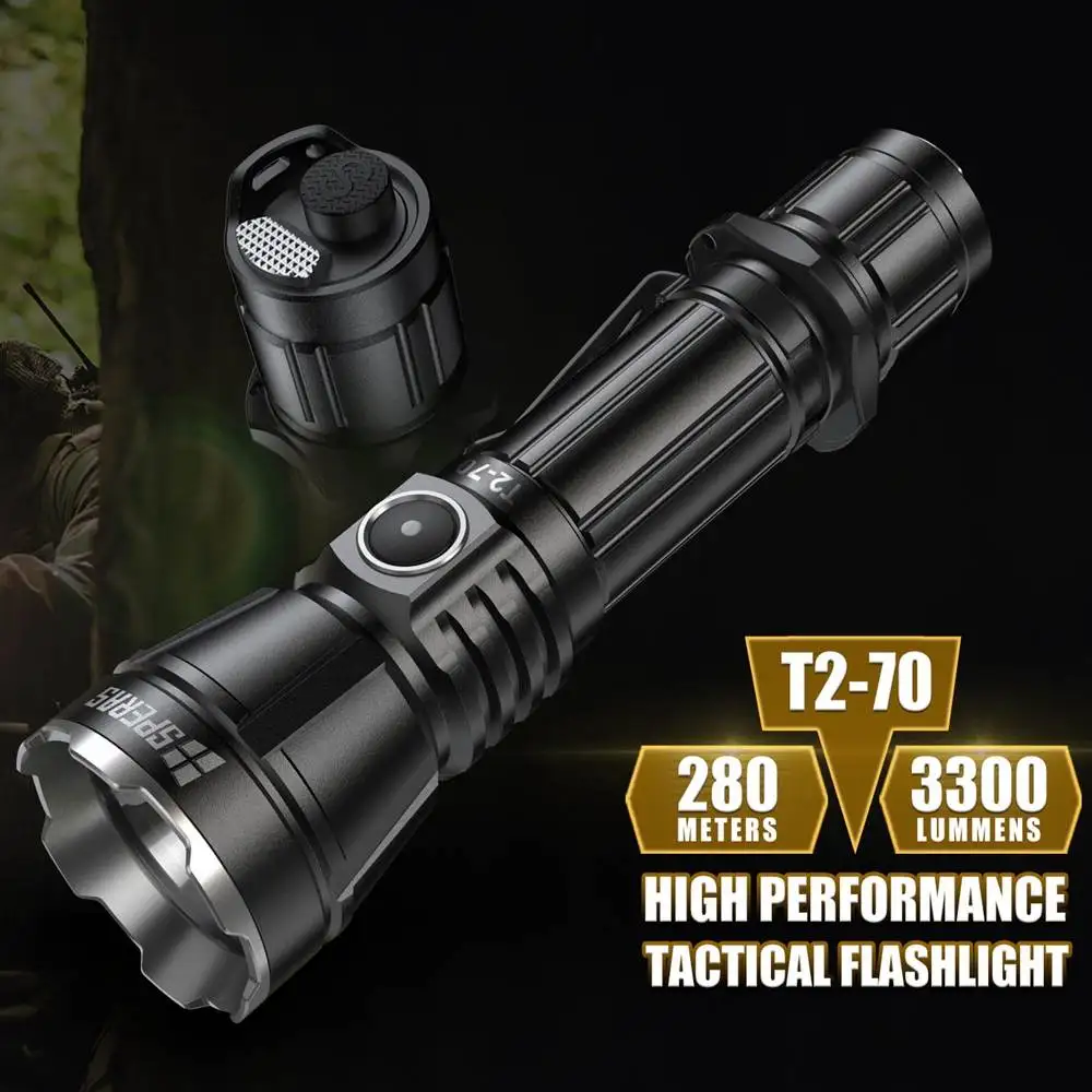 安い 戦術的なLED懐中電灯,T2-70 Xhp70,3300lm,防水,自己防衛,キャンプ照明,18650バッテリー,18650
