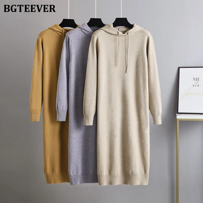 

BGTEEVER Autumn Winter Thicken Loose Women Sweater Dress Long Sleeve Casual Hooded Straight Female Knitted Dresses vestidos 2021
