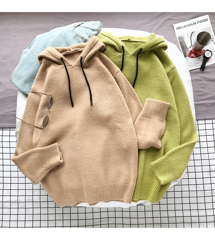 Winter Hooded Sweater Men's Warm Fashion Solid Color Casual Knit Pullover Men Wild Knitting Sweaters Male Sweter Clothes M-2XL