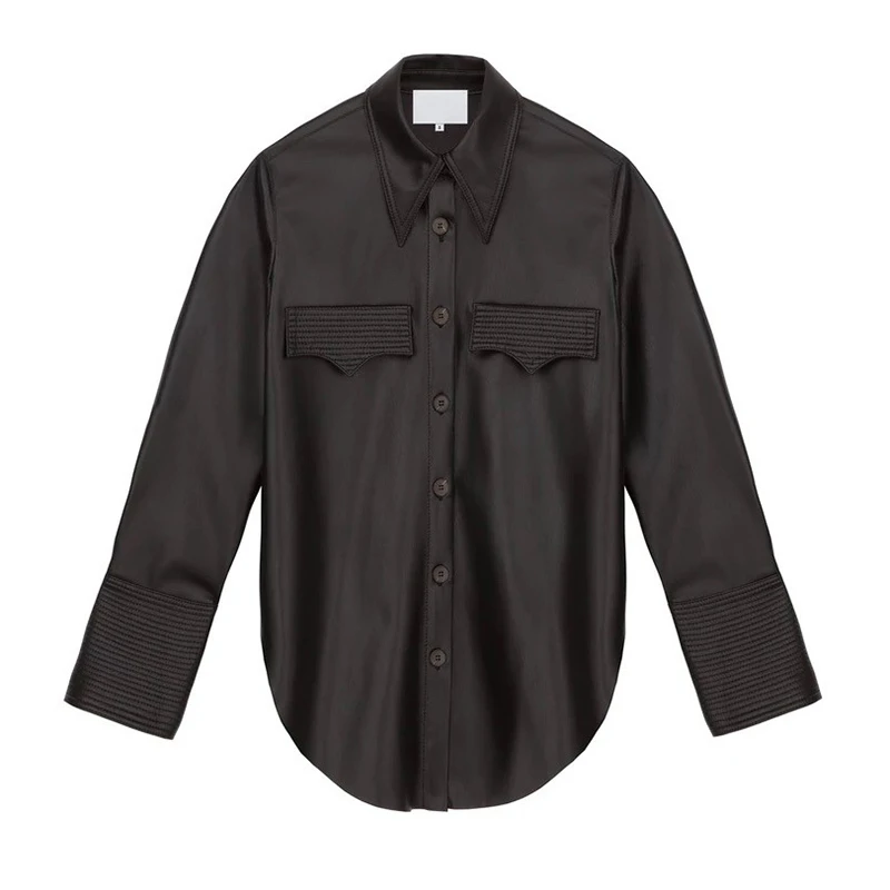 Женская кожаная блузка весна осень длинный рукав свободная рубашка Топы |