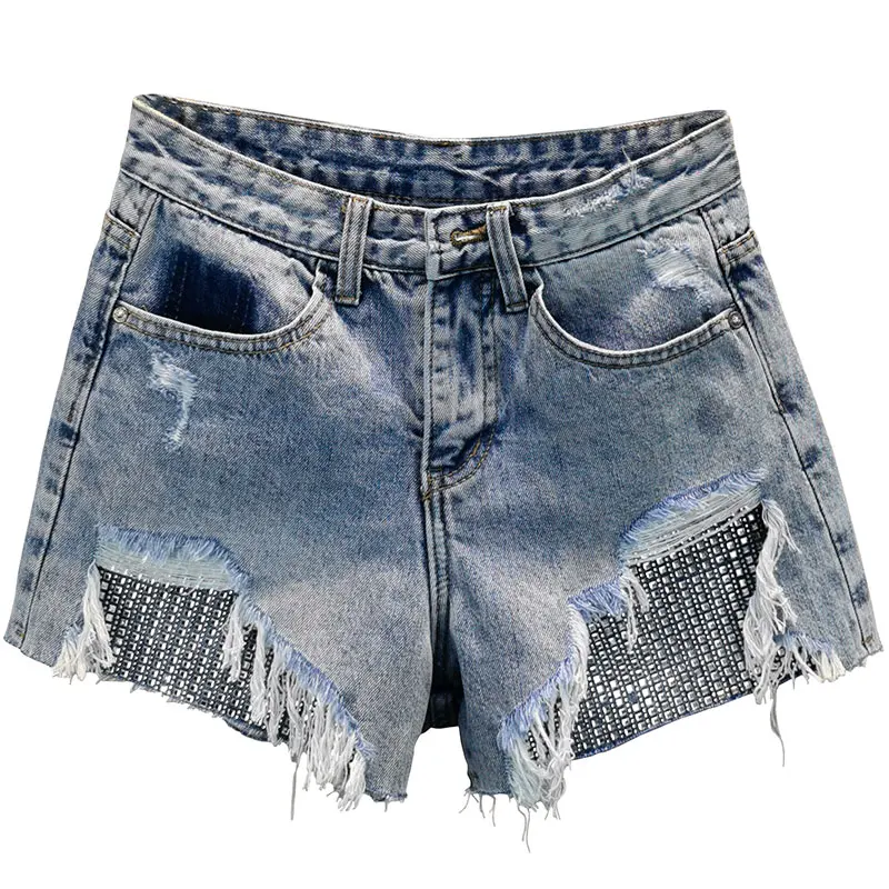 

Light Blue Broken Hole Denim Shorts for Women 2021 Summer New High Waist European Street Exquisite Rhinestone Burr Hot Pants