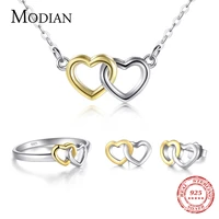 modian new authentic 100 925 sterling silver ring stud earrings fashion double hearts gold white color wedding jewelry set
